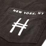 Closeup of pocket embroidery details.