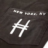 Closeup of pocket embroidery details.