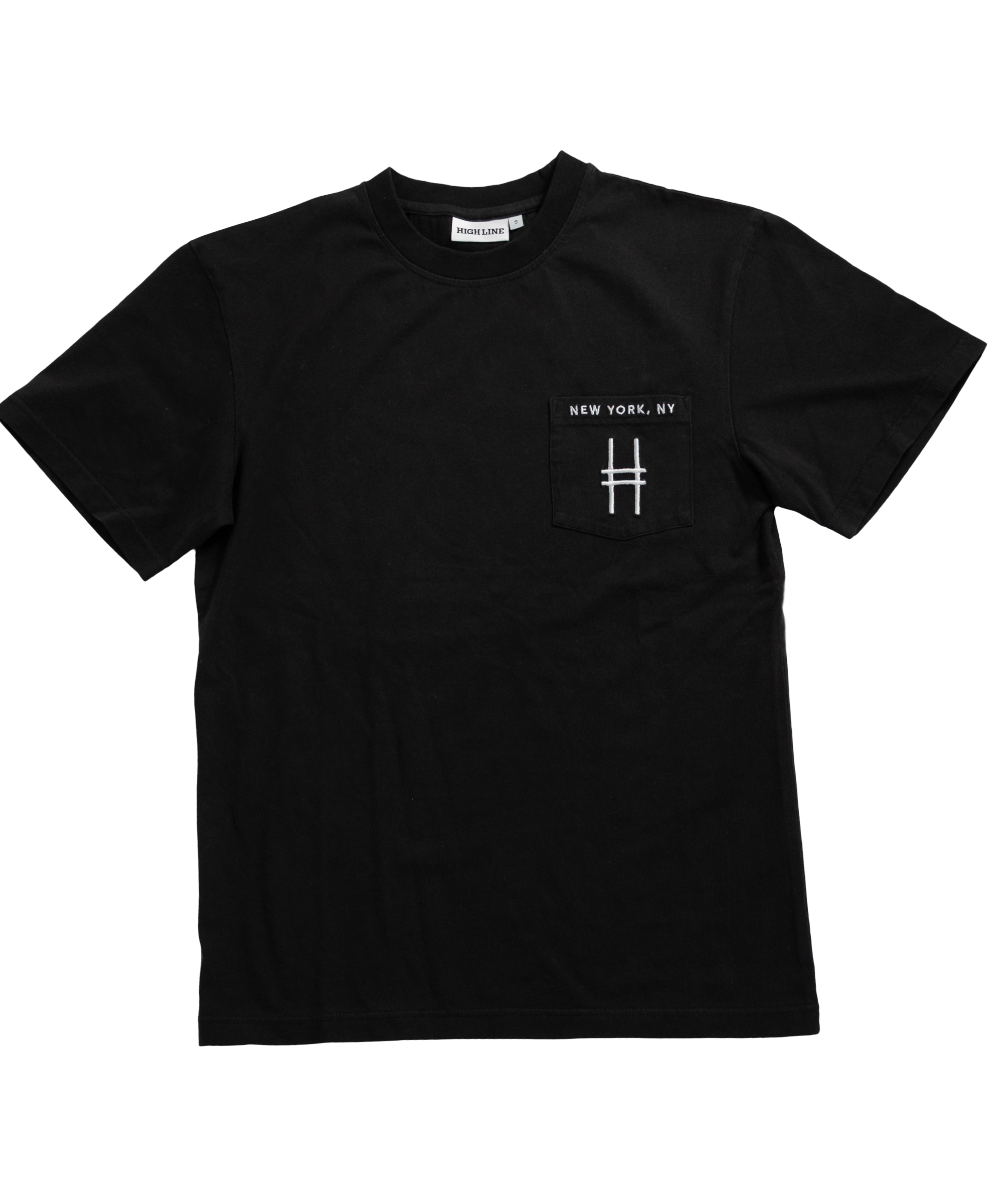 High Line Embroidered black Pocket Tee with High Line icon and "New York, NY" embroidered on the chest pocket in white.