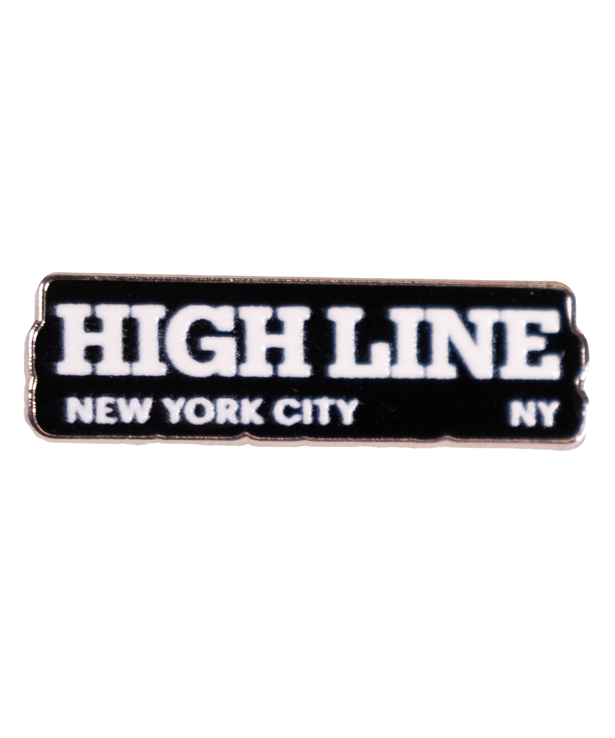 Black enamel pin with the High Line wordmark and "New York City NY" in white.