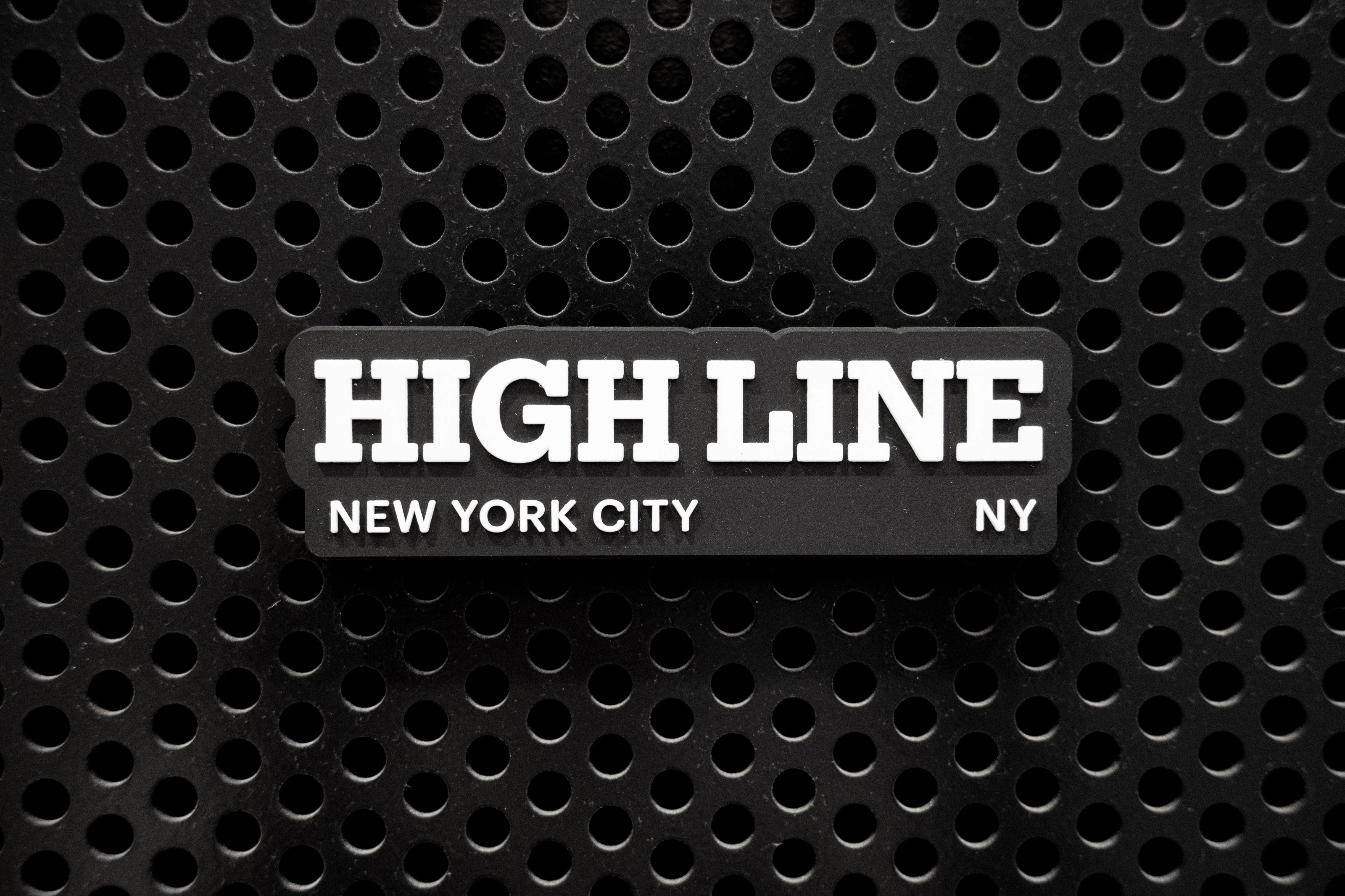 Rubber fridge magnet features the High Line's wordmark and "New York City NY" against a black metal locker.