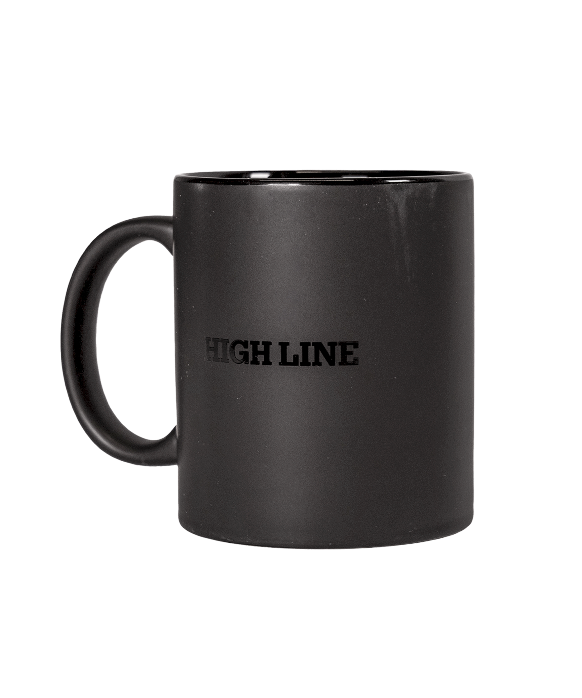 High Line Mug in Black, featuring the High Line wordmark in gloss against black matte ceramic.