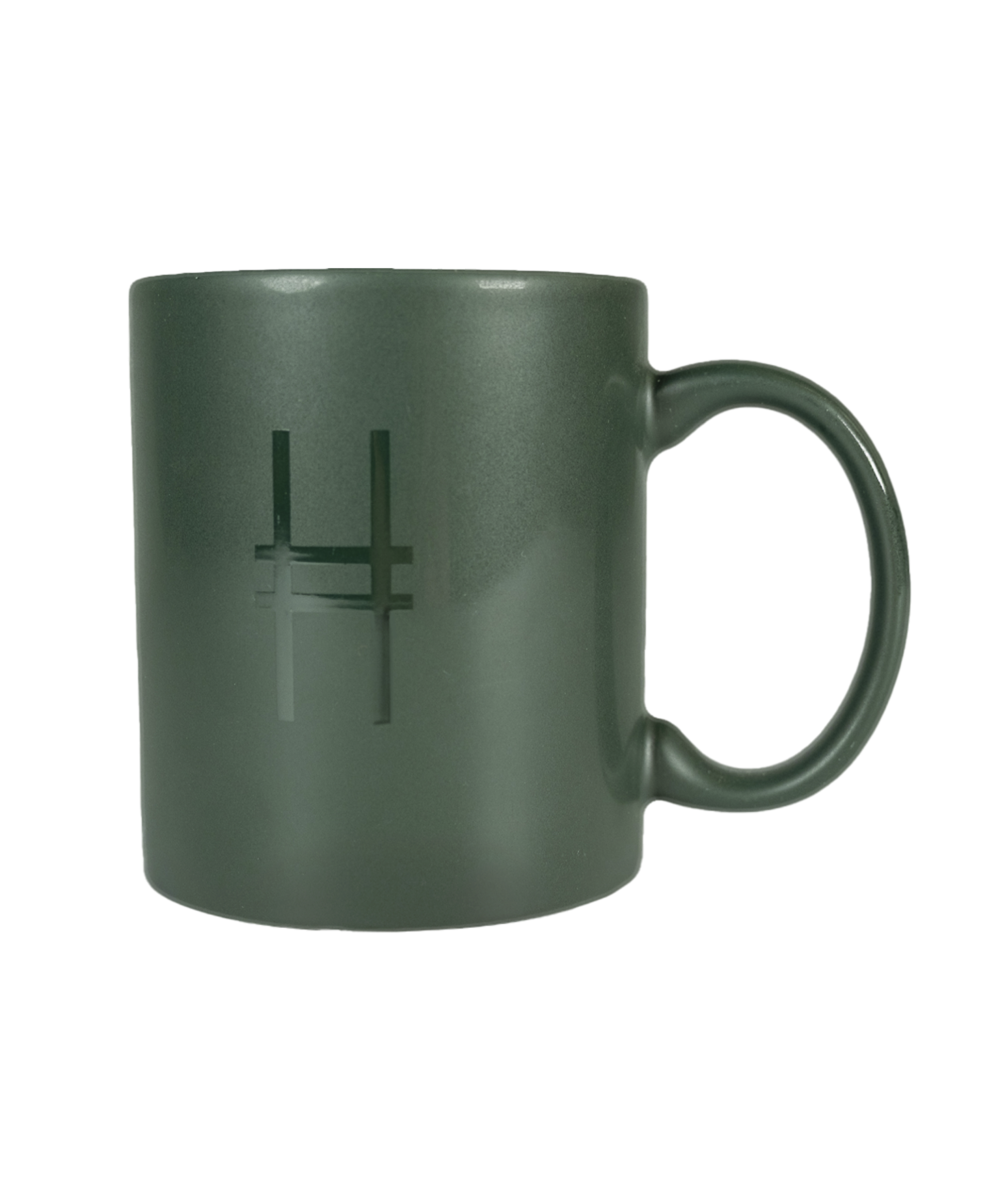High Line Mug in Ivy, featuring the High Line icon in gloss against dark green matte ceramic.
