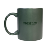 High Line Mug in Ivy, featuring the High Line wordmark in gloss against dark green matte ceramic.