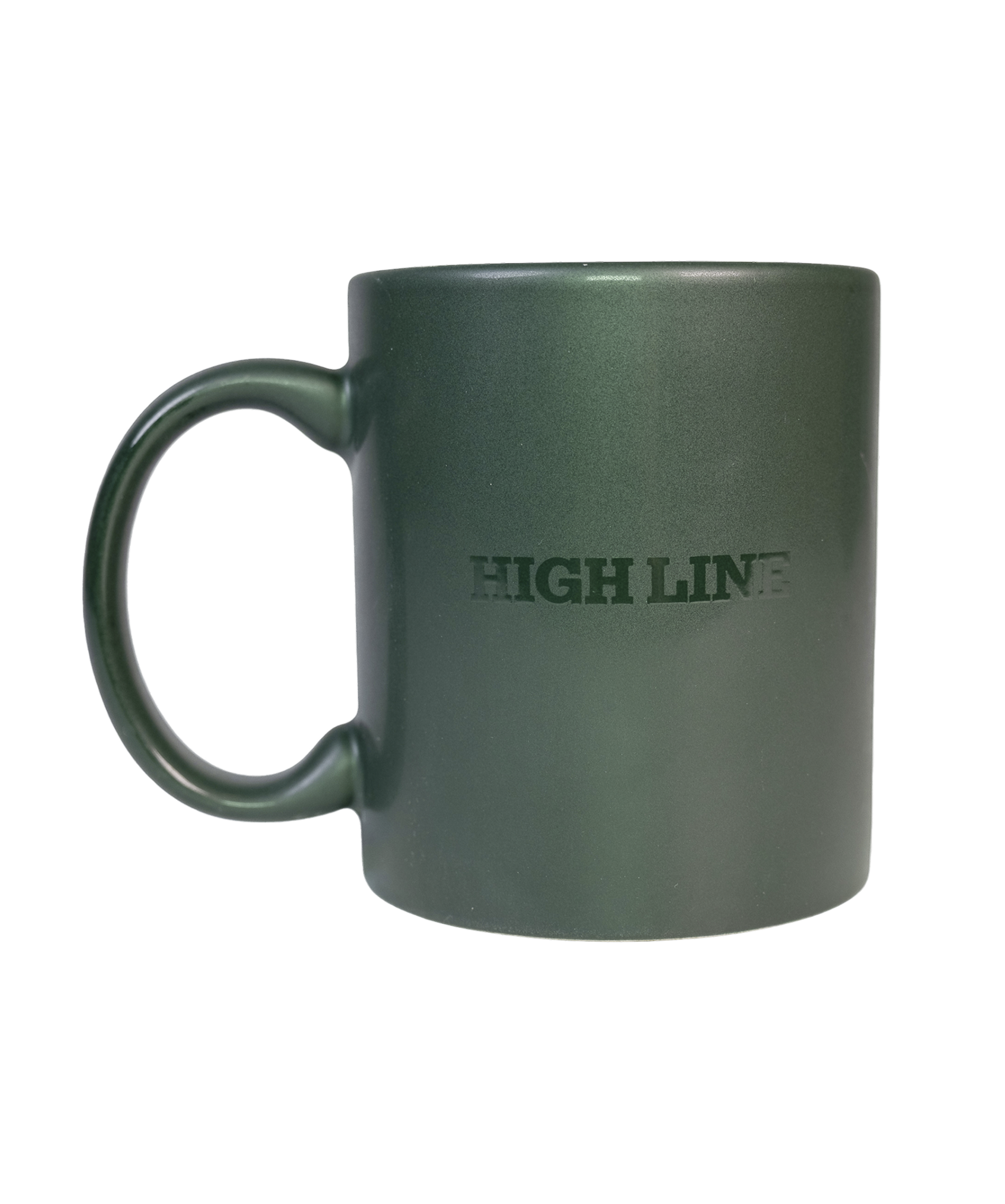High Line Mug in Ivy, featuring the High Line wordmark in gloss against dark green matte ceramic.