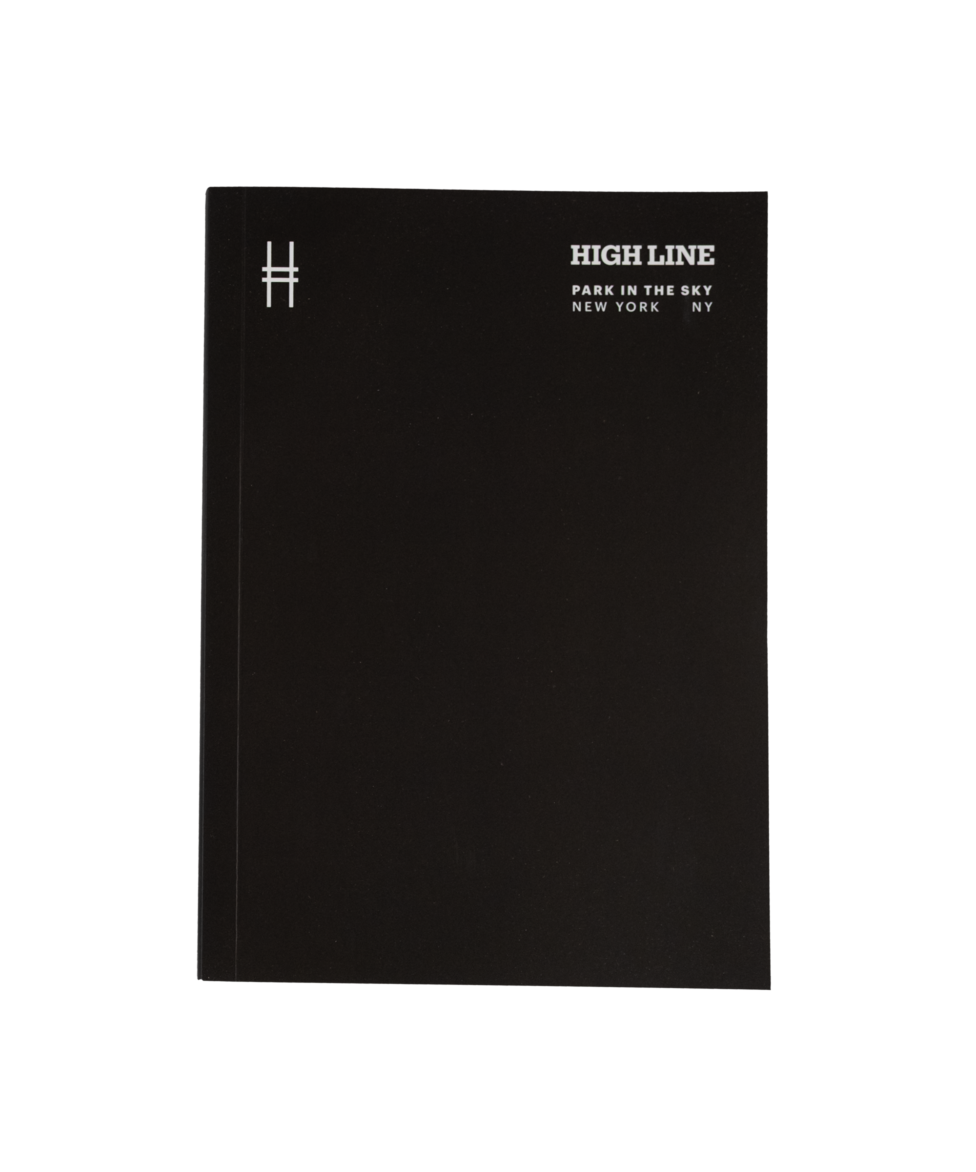 High Line soft cover unlined notebook in black with white cover details. Cover features High Line icon in upper left and High Line wordmark with tagline in the upper right.