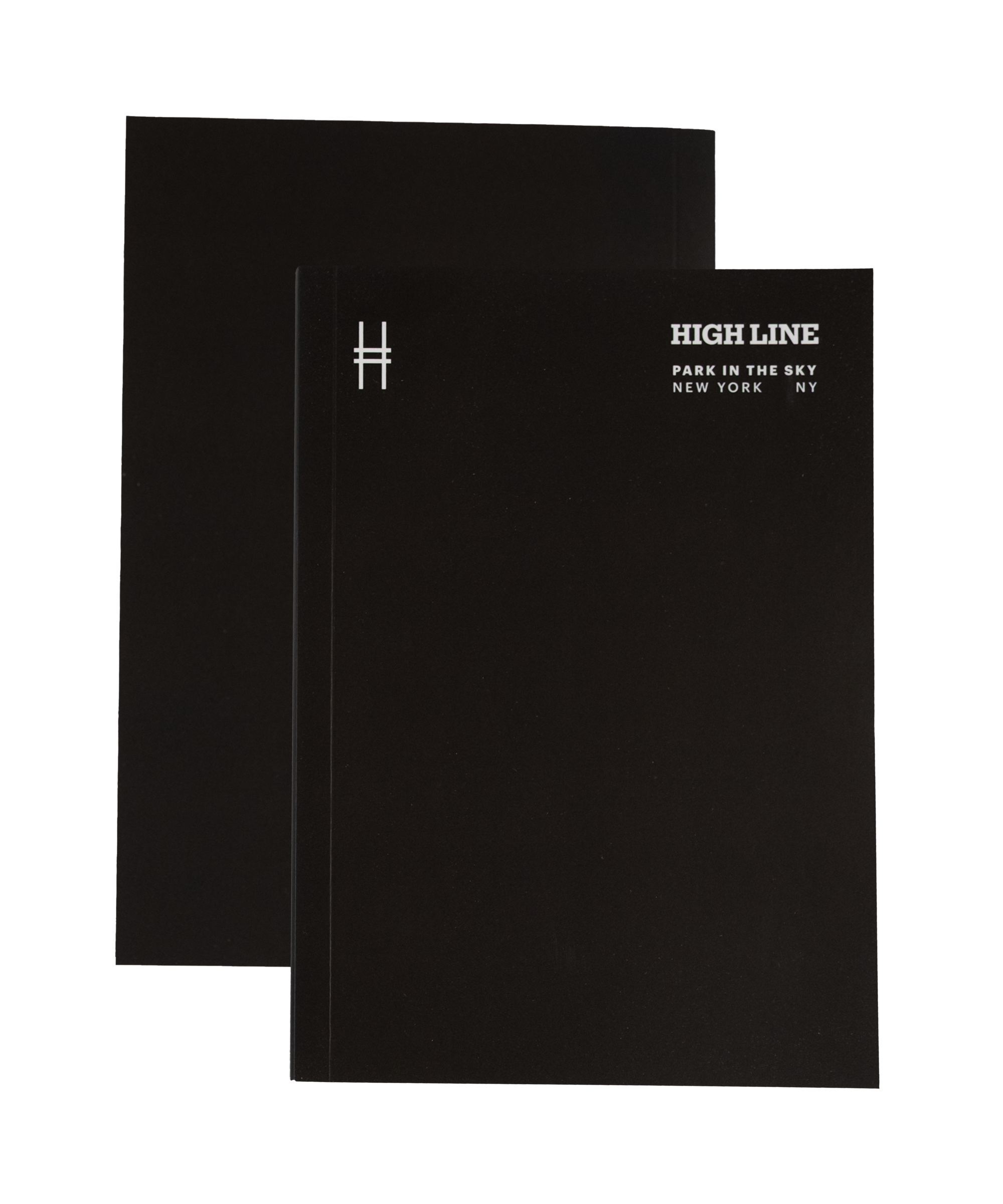 High Line soft cover unlined notebook in black with white cover details.