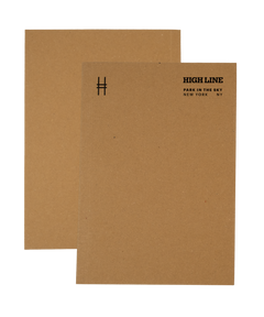 High Line soft cover unlined notebook in natural kraft with black cover details. Cover features High Line icon in upper left and High Line wordmark with tagline in the upper right.
