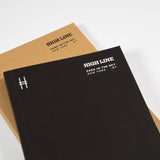Two notebooks, one black and one kraft, both with 'High Line' branding on a white background.
