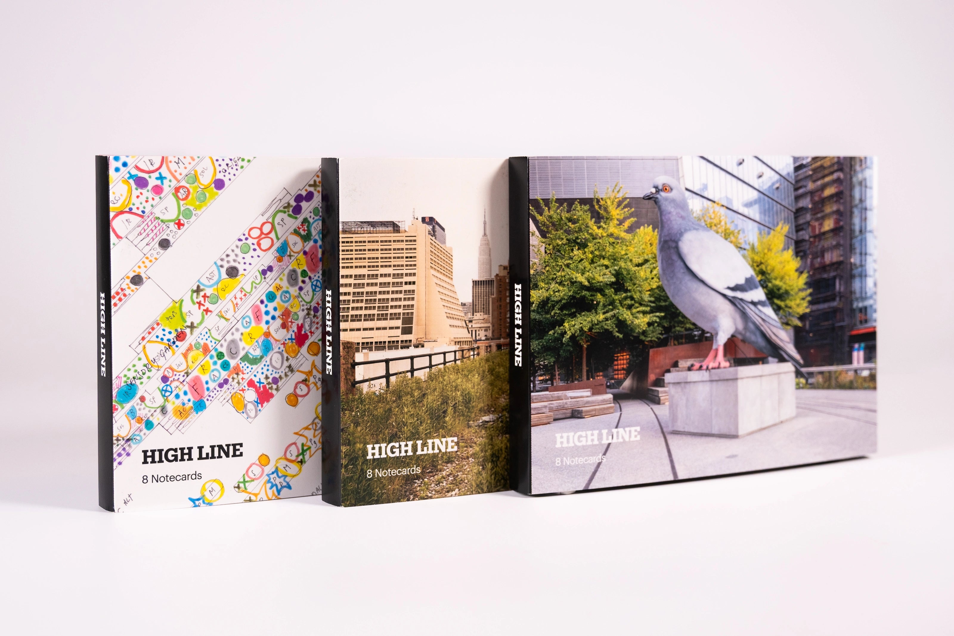 The three notecard sets—Piet Oudolf, Joel Sternfeld, and High Line Plinth— stand in a row, overlapping.
