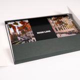 High Line Plinth Notecard Set with box open, cards and envelopes secured in a black "High Line" band.