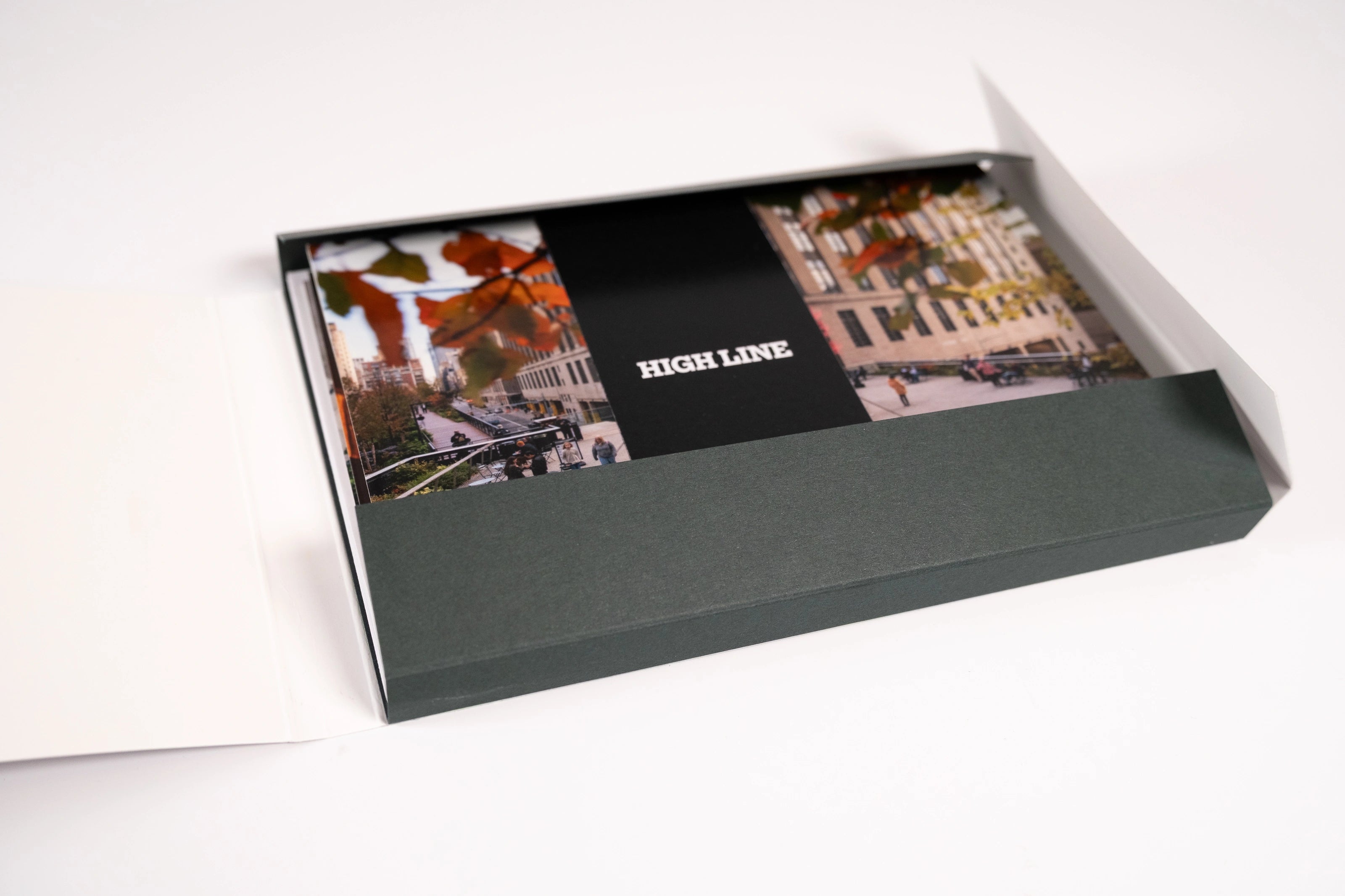 High Line Plinth Notecard Set with box open, cards and envelopes secured in a black "High Line" band.