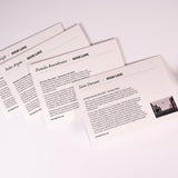 The backs of four of the eight notecards in the HIgh Line Plinth set—each featuring a different  Plinth Commission recipient and a bit about their statue.