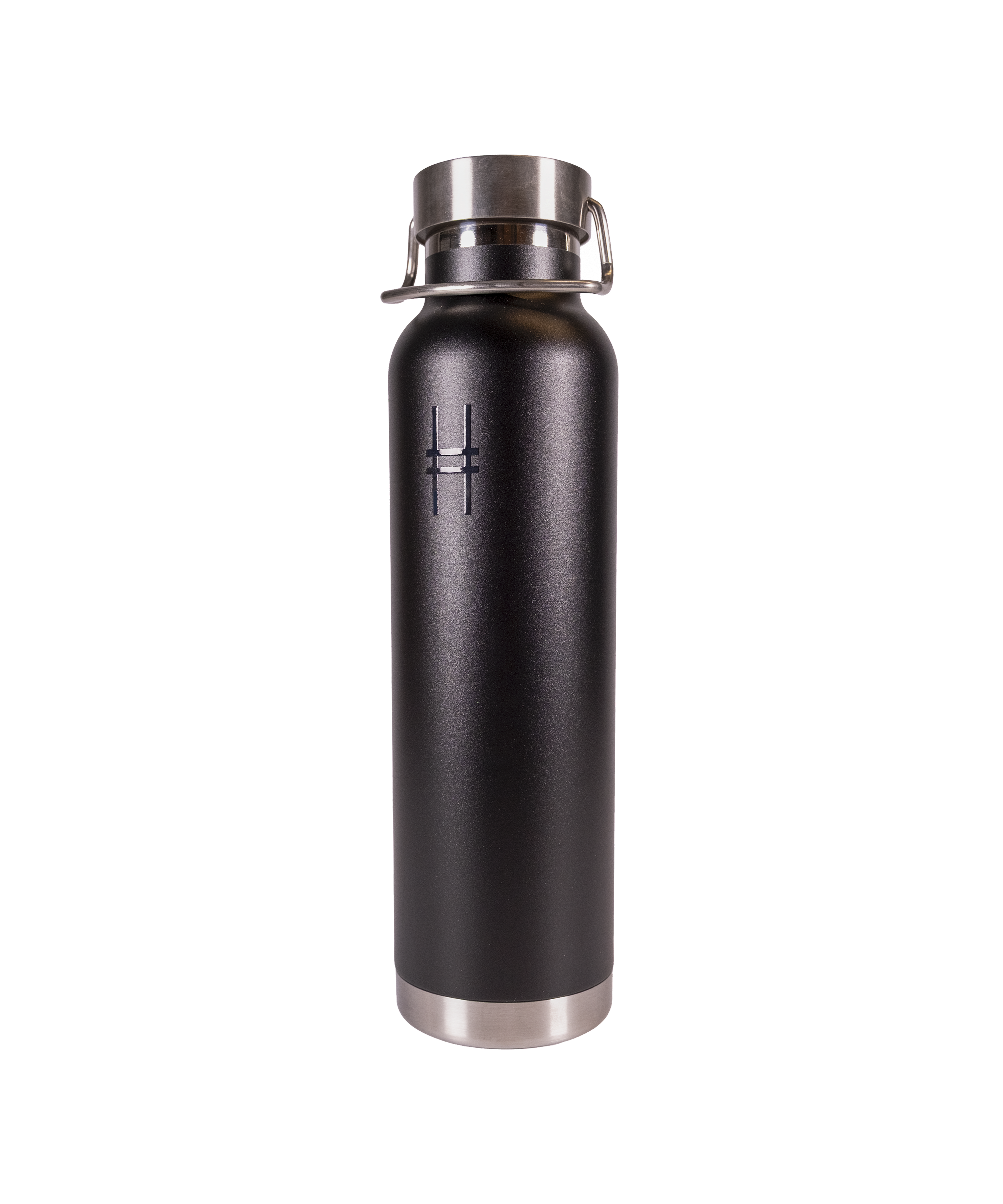 High Line Water Bottle—black stainless steel with a raised, embossed High Line icon on it and silver cap.