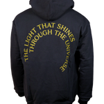 The back of The Light That Shines Through the Universe Hoodie—a black hoodie with "The Light That Shines Through the Universe" on the back.