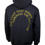 The back of The Light That Shines Through the Universe Hoodie—a black hoodie with "The Light That Shines Through the Universe" on the back.