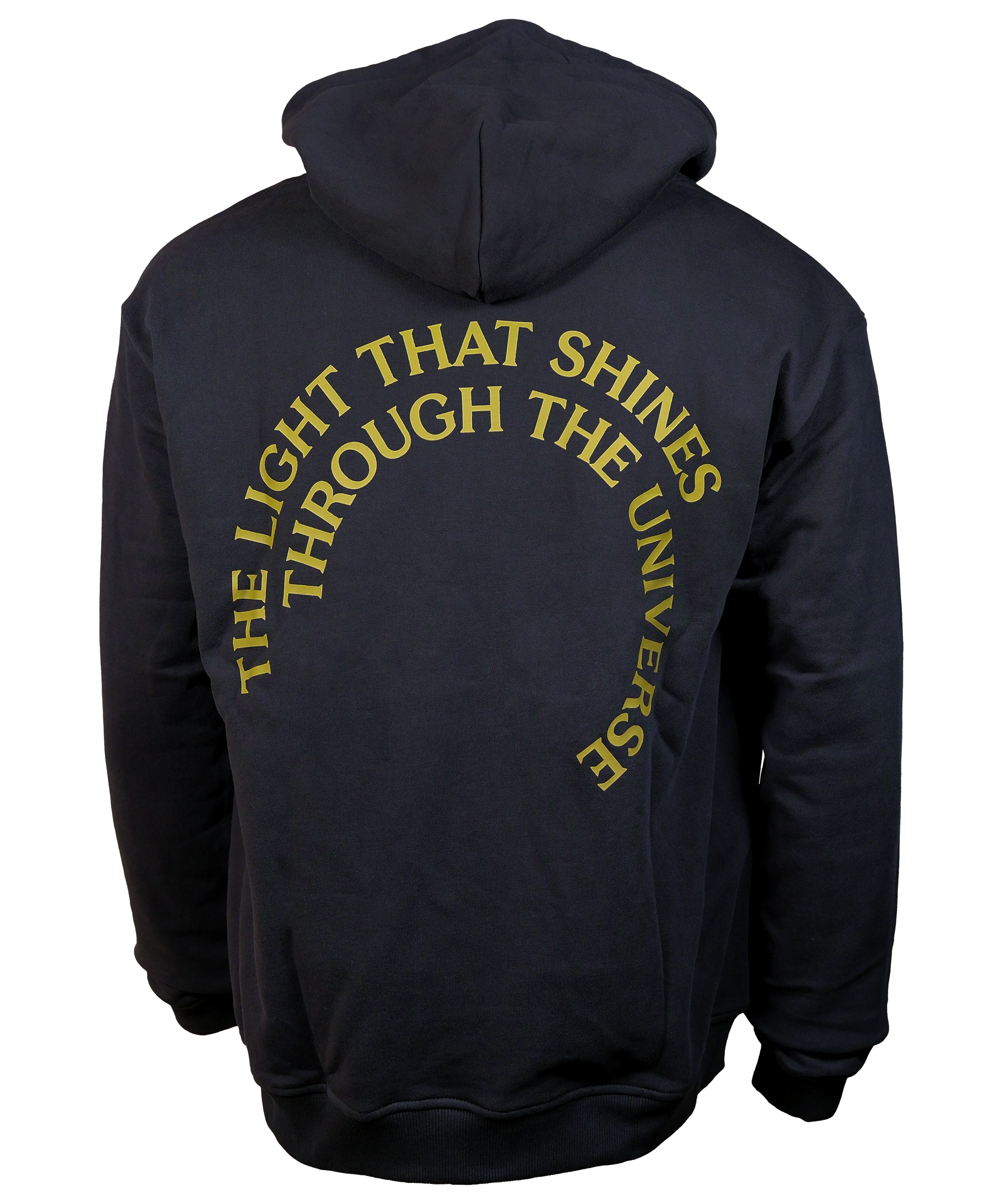 The back of The Light That Shines Through the Universe Hoodie—a black hoodie with "The Light That Shines Through the Universe" on the back.