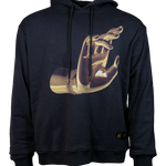 The Light That Shines Through the Universe Hoodie—a black hoodie with a large gold hand in the position Abhaya mudra, signifying fearlessness.