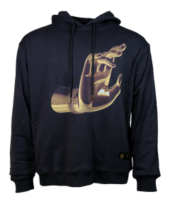 The Light That Shines Through the Universe Hoodie—a black hoodie with a large gold hand in the position Abhaya mudra, signifying fearlessness.