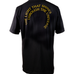 The Light That Shines Through the Universe t-shirt back, featuring the title of the piece in two concentric semi-circles.