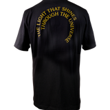 The Light That Shines Through the Universe t-shirt back, featuring the title of the piece in two concentric semi-circles.