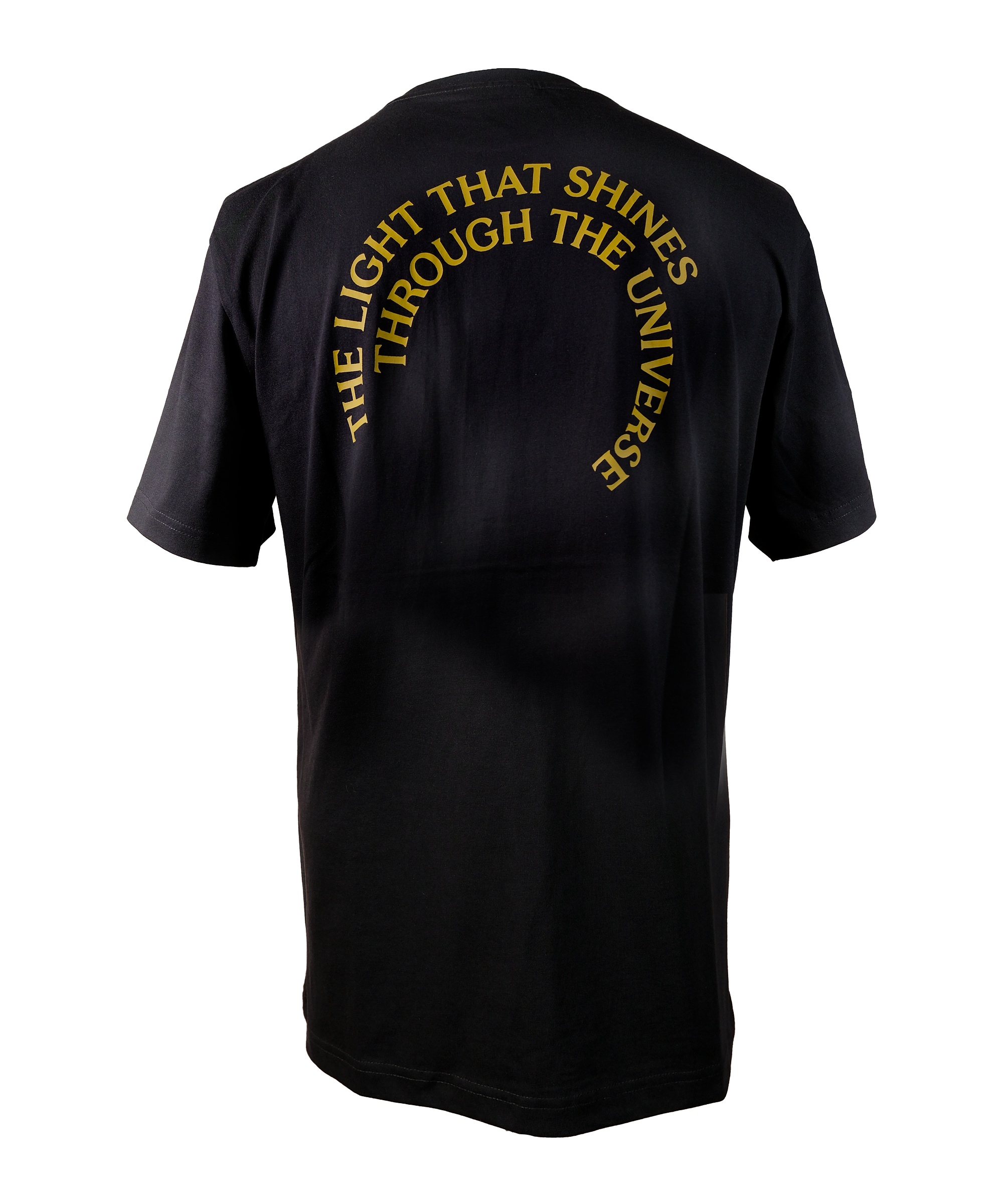 The Light That Shines Through the Universe t-shirt back, featuring the title of the piece in two concentric semi-circles.