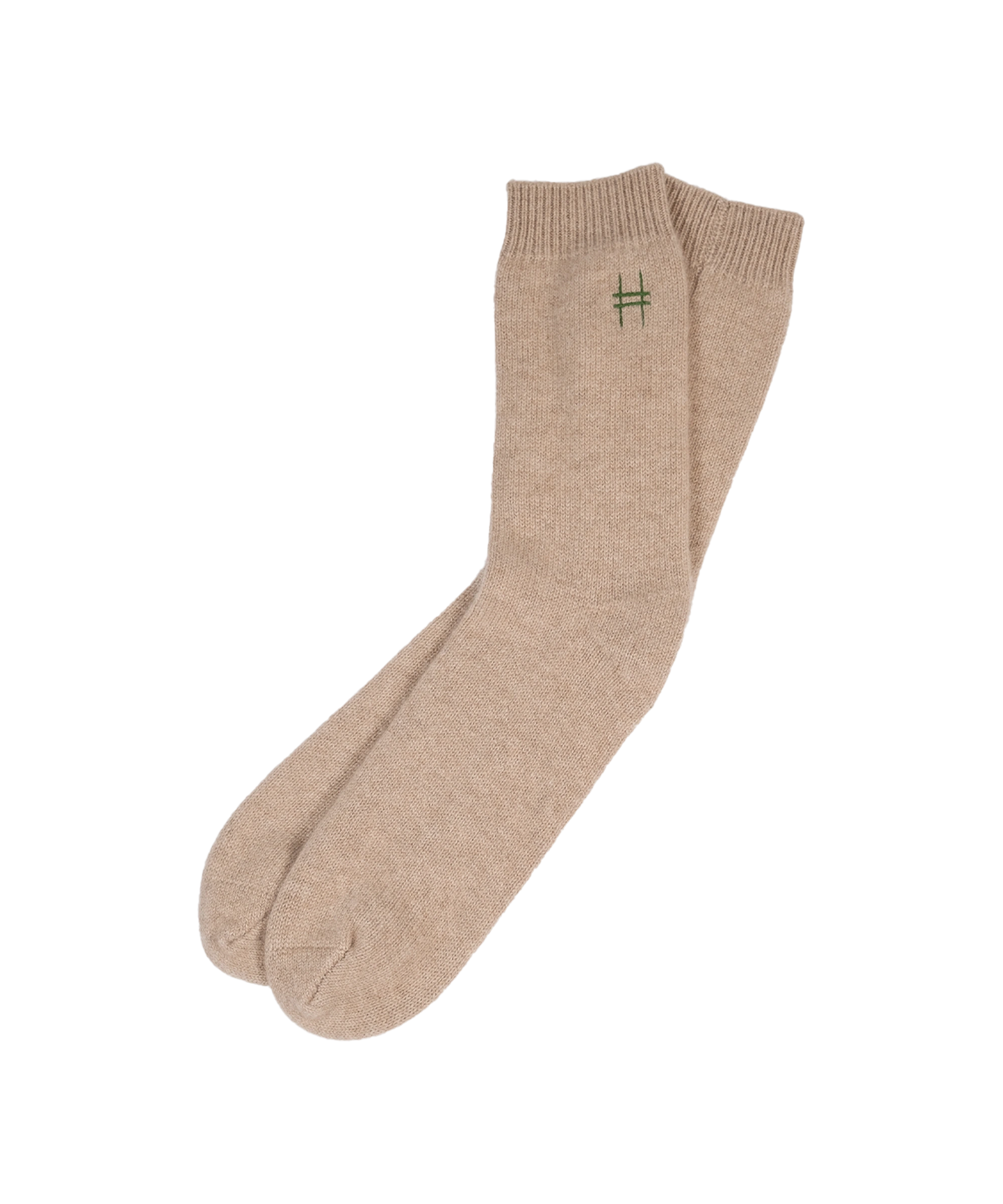 Lingua Franca x High Line 100% Cashmere Socks. These oatmeal colored socks are embroidered with the High Line icon in green just below the outer cuff of each sock.