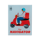 Illustrated acrylic fridge magnet featuring a delivery person on a red scooter with 'The Navigator' on a light blue background.