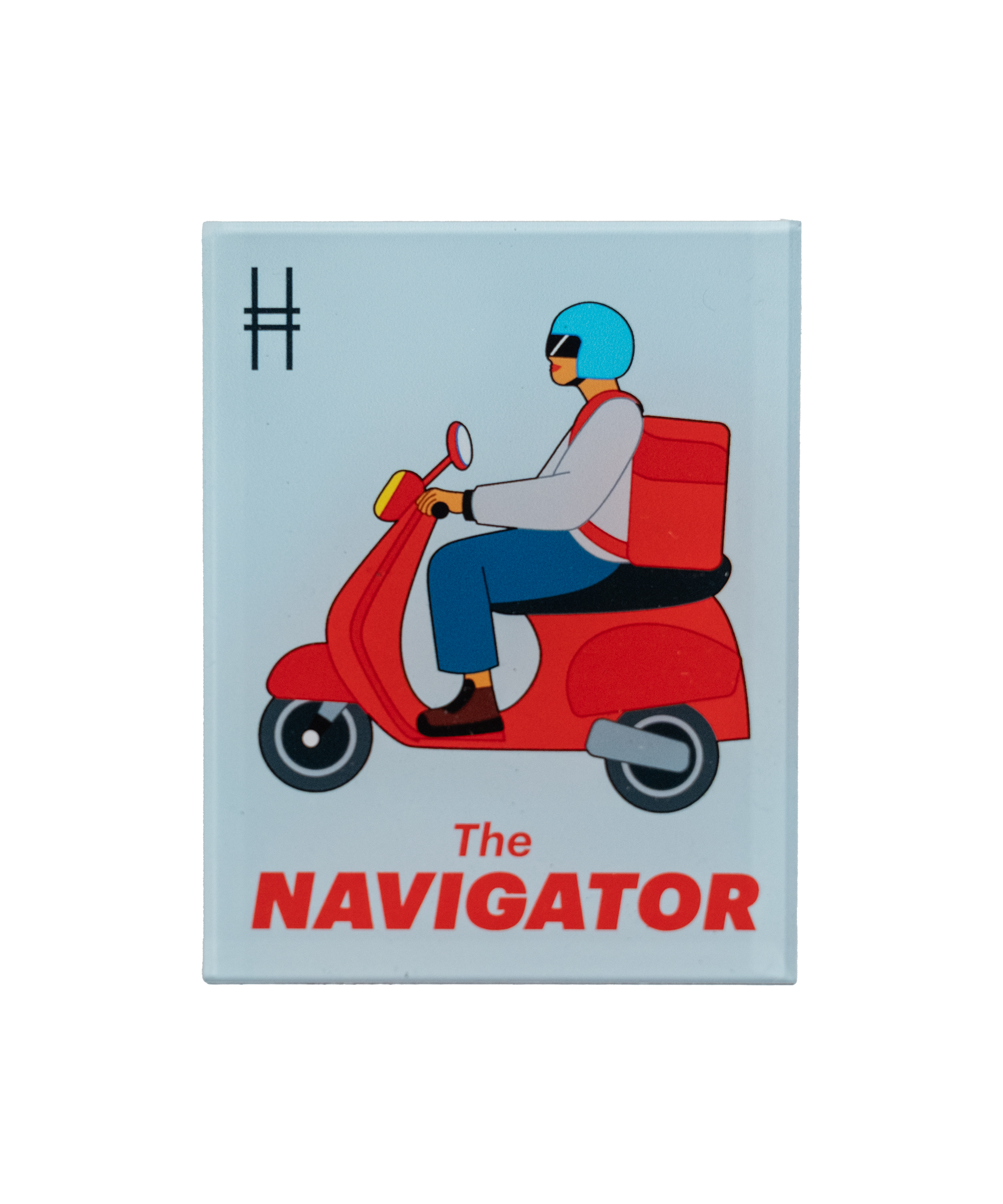 Illustrated acrylic fridge magnet featuring a delivery person on a red scooter with 'The Navigator' on a light blue background.