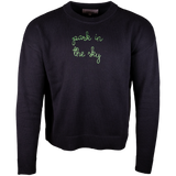The Lingua Franca x High Line Maxine Sweater in Black. This sweater is a cotton-cashmere blend, gender neutral and features the phrase "park in the sky" embroidered in green cursive on the chest.