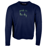 Lingua Franca x High Line Maxine Sweater in navy. This cotton cashmere sweater is gender neutral and features the phrase "park in the sky" embroidered in green cursive on the chest.
