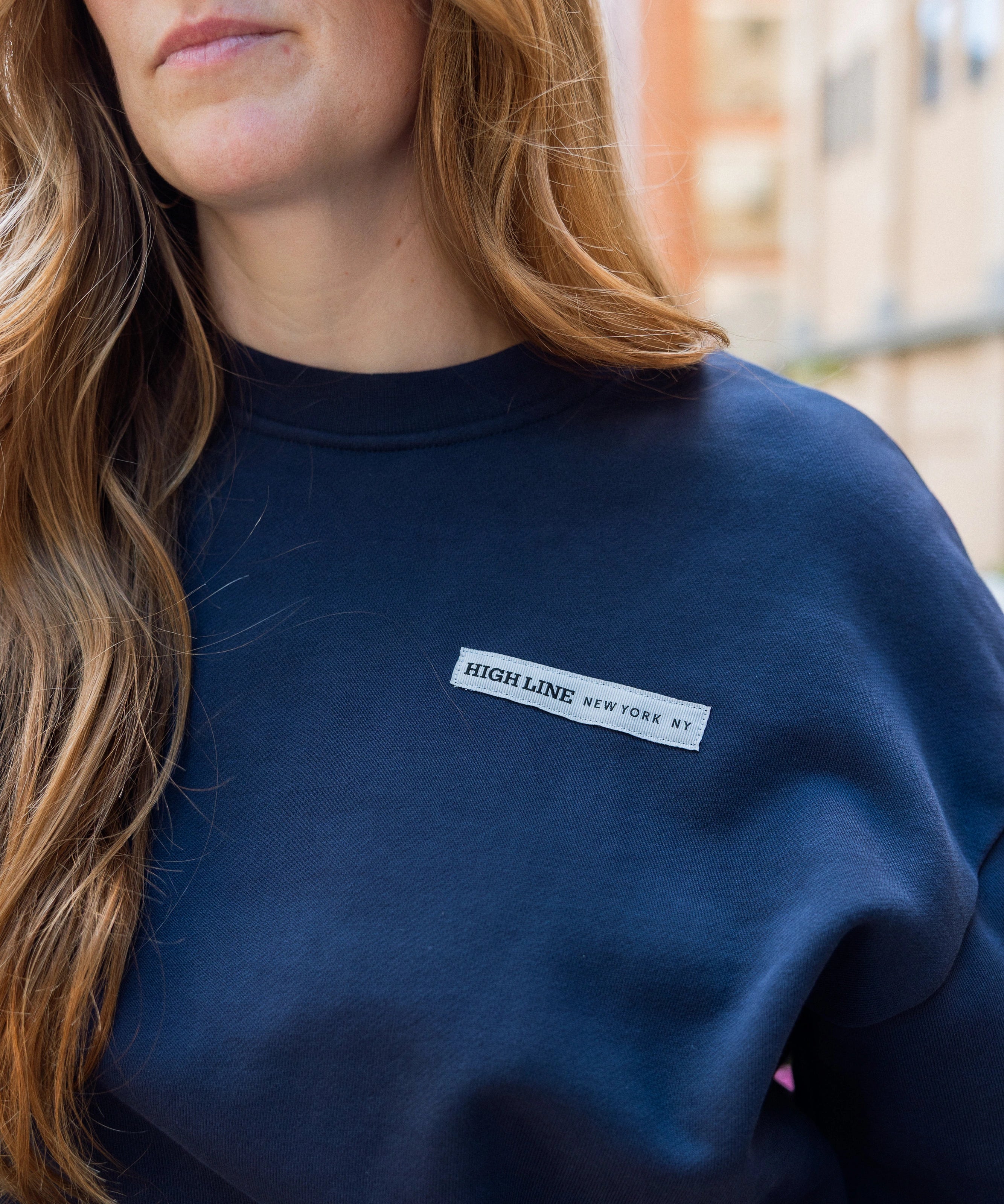 Closeup on High Line New York NY ribbon detail on the front of the Park in the Sky Crewneck Sweatshirt in navy.