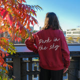 Woman stands, left hand on her hip, on the High Line at 14th street looking out at the Hudson River, a vibrant red and orange sumac tree to her left. She wears the Park in the Sky Crewneck in Smokebush, a french terry cotton embroidered crewneck sweatshirt in a deep red with "Park in the Sky" in script in white across the back.