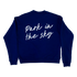 The Park in the Sky embroidered crewneck sweatshirt in navy—a navy blue crewneck sweatshirt shown from the back, featuring the phrase 'Park in the sky' embroidered in white cursive script across the upper back.