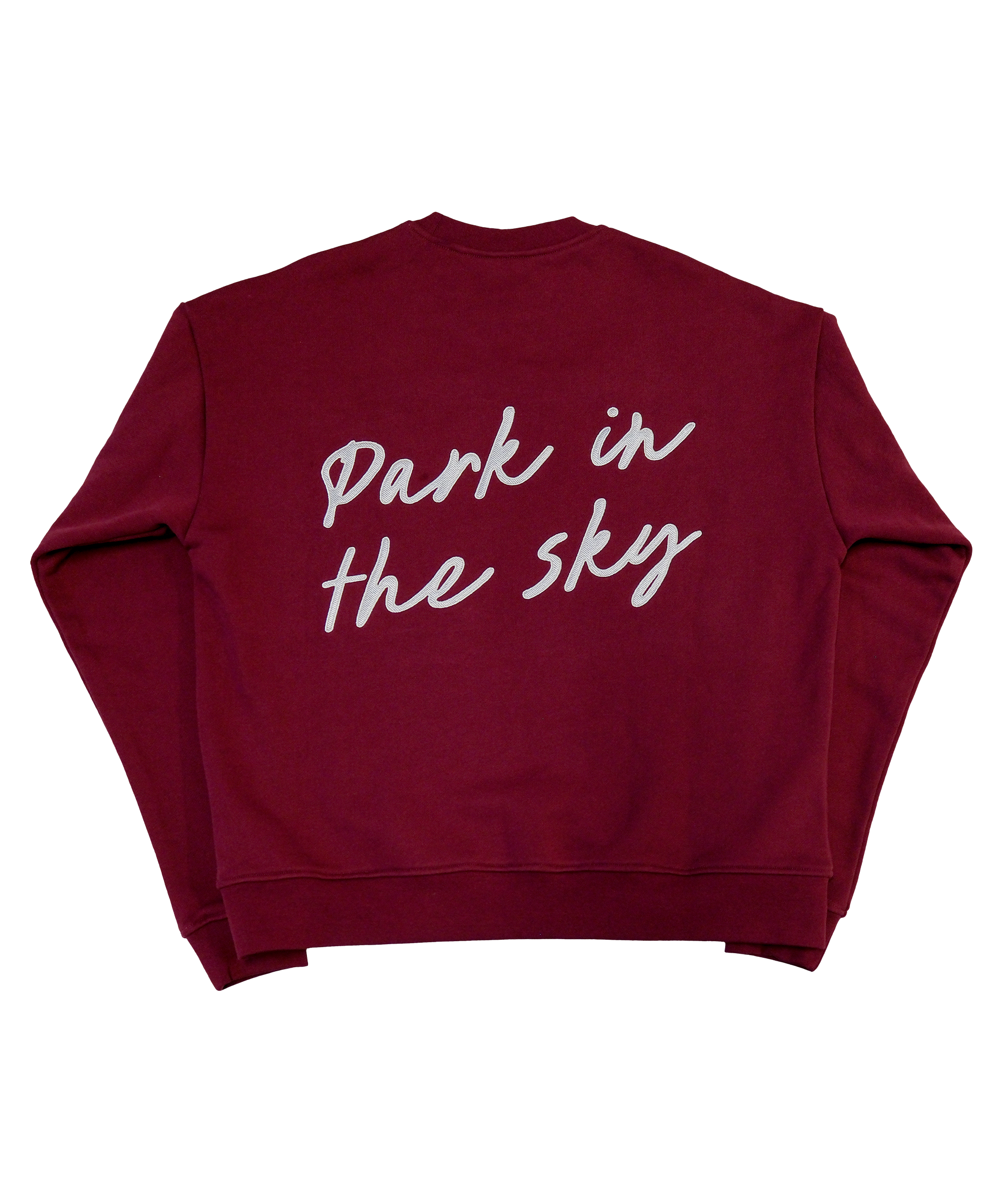 Park in the Sky Crewneck in Smokebush, a deep, burgundy red. "Park in the Sky" in script is appliquéd across the back in white.