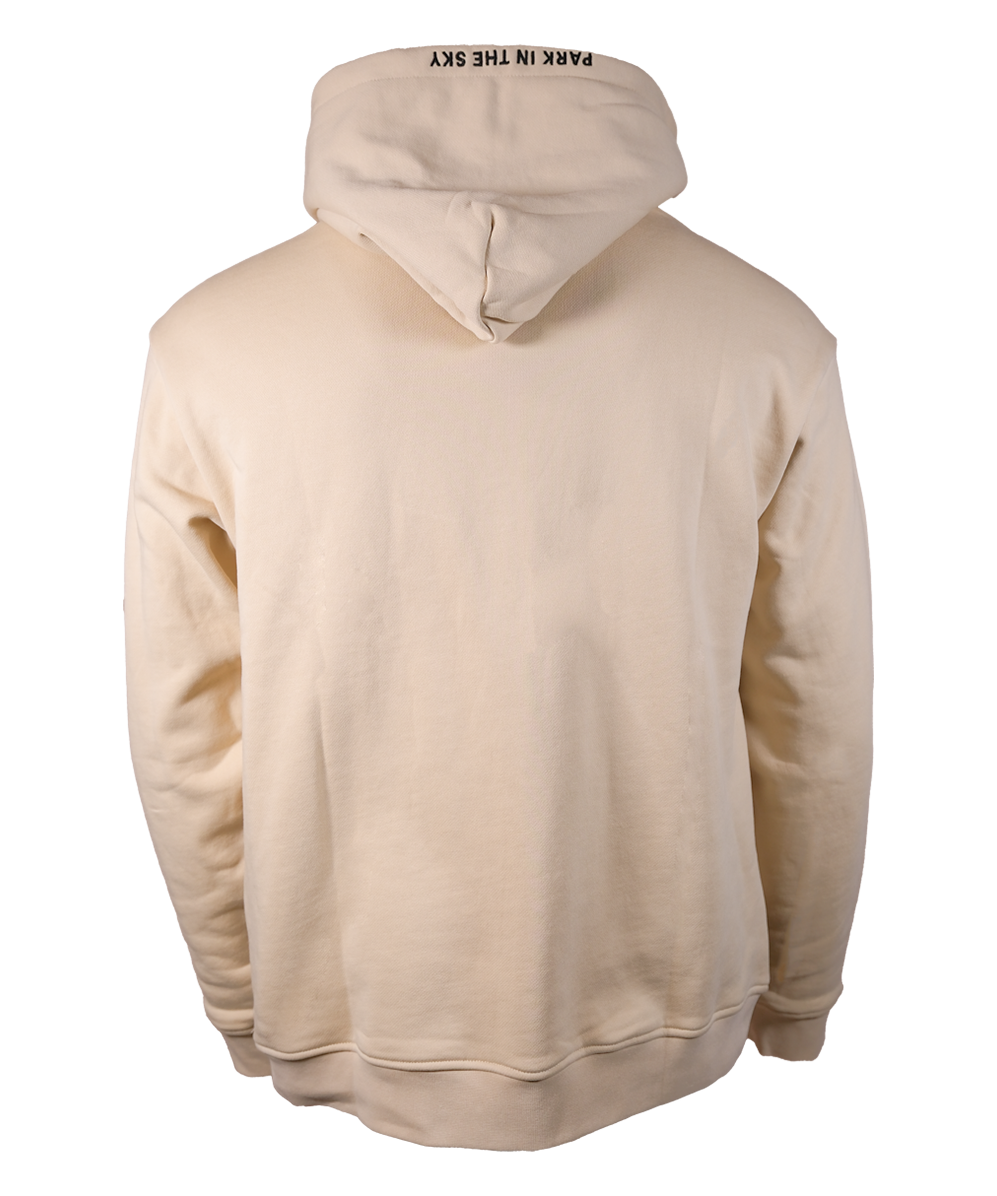 Park in the Sky embroidered hoodie in River Birch. Hoodie shown from the back with "Park in the Sky" embroidered on the hood along the seam.