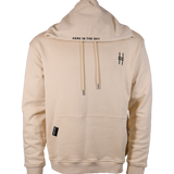 Park in the Sky embroidered hoodie in River Birch. Hoodie with embroidered High Line icon on the chest and "Park in the Sky" embroidered on the hood along the seam, shown from the front with the hood folded over to show embroidery.