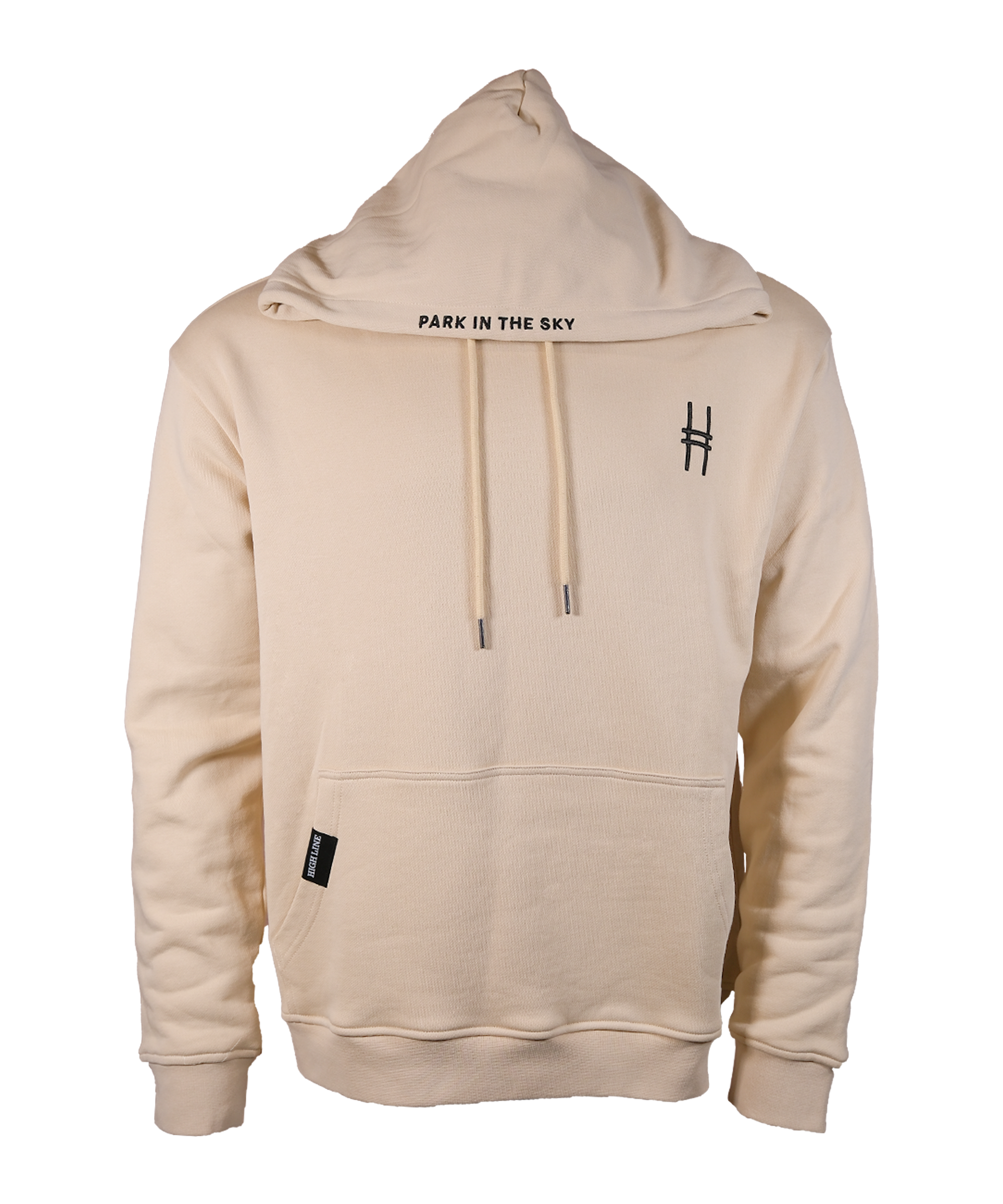 Park in the Sky embroidered hoodie in River Birch. Hoodie with embroidered High Line icon on the chest and "Park in the Sky" embroidered on the hood along the seam, shown from the front with the hood folded over to show embroidery.