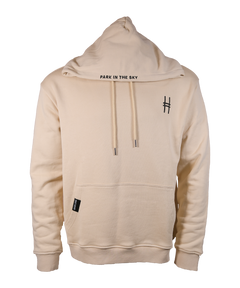 Park in the Sky embroidered hoodie in River Birch. Hoodie with embroidered High Line icon on the chest and "Park in the Sky" embroidered on the hood along the seam, shown from the front with the hood folded over to show embroidery.