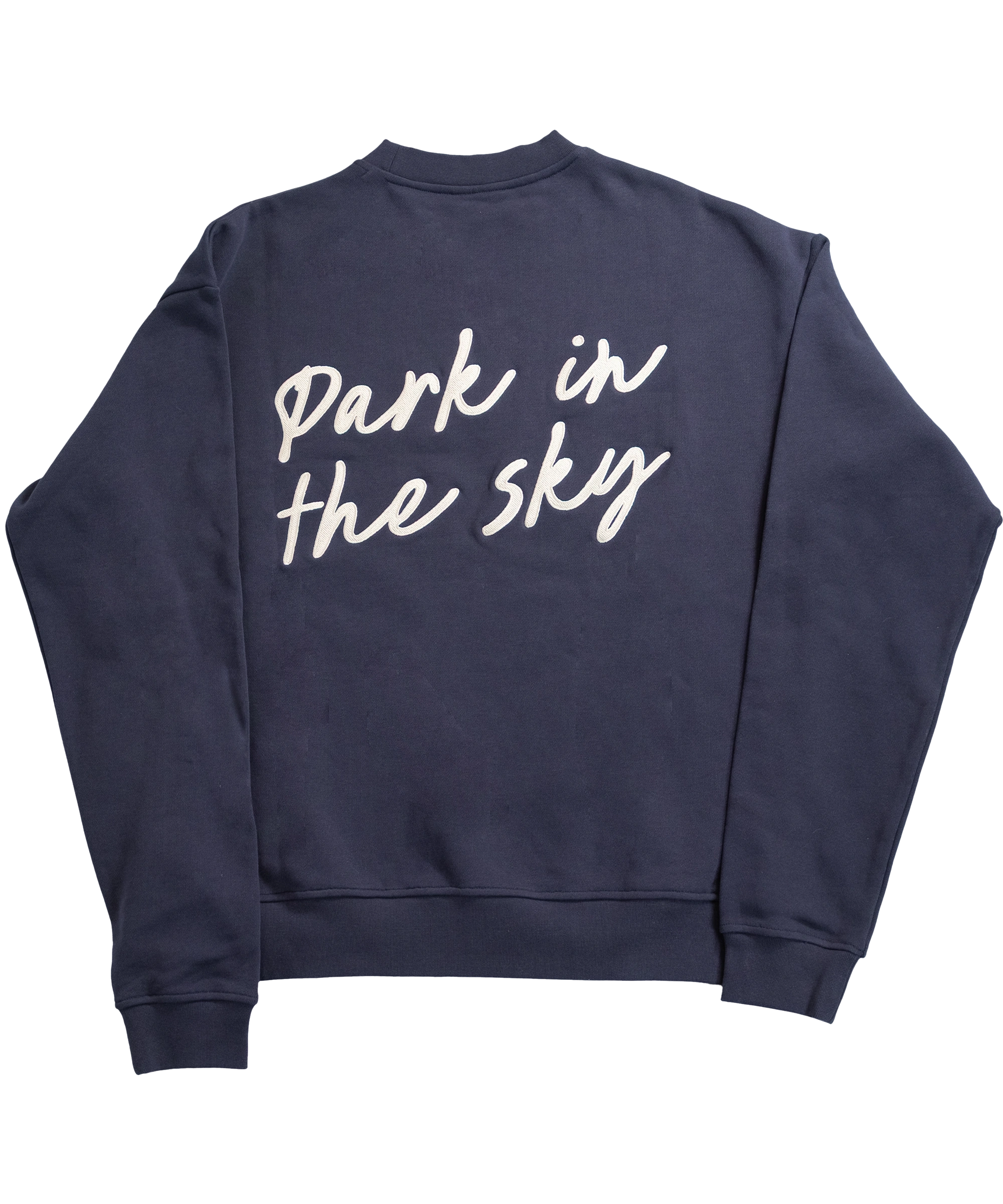 Park in the Sky Crewneck in navy. Back features large "Park in the sky" embroidery.