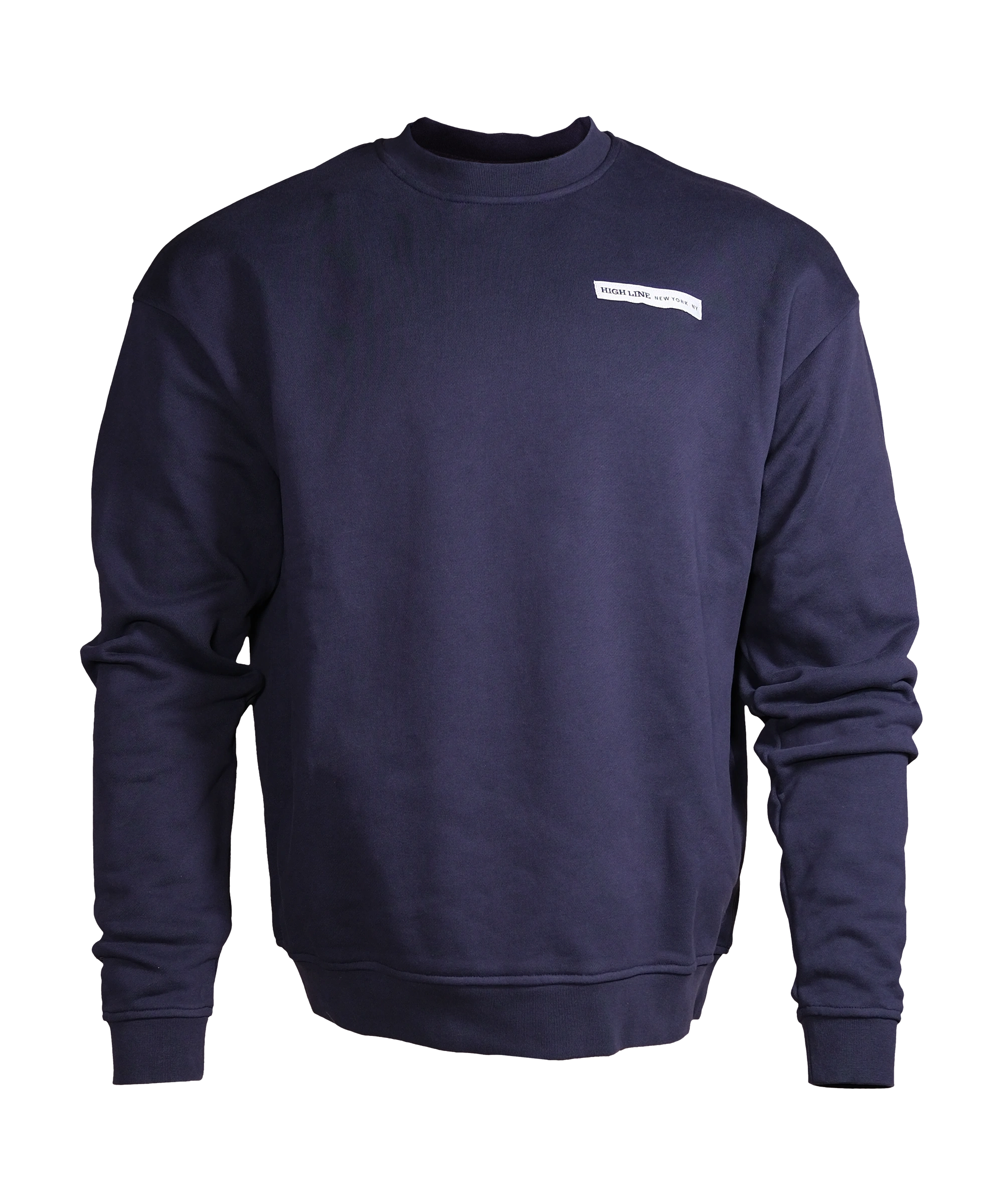 Park in the Sky Crewneck in navy. Front features a chest ribbon detail with the High Line wordmark and "New York"