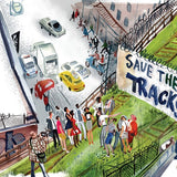 Inside spread from "The High Line: A Park To Look Up To" depicting people on the then-abandoned High Line with a large sign that reads "Save the tracks."