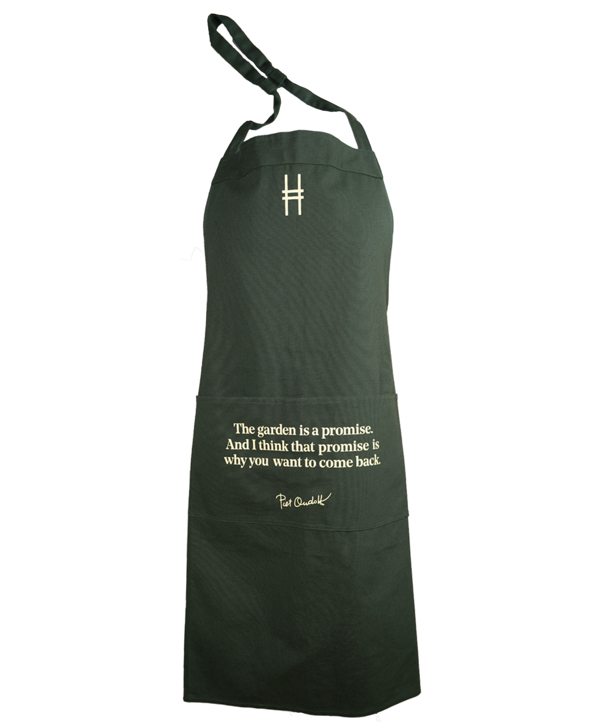Piet Oudolf Quote Apron in dark green, featuring the High Line icon and the quote "The garden is a promise. And I think that promise is why you want to come back." in a pale yellow.