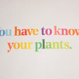 Closeup of the quote on the back of the pillow case which reads "You have to know your plants" in multicolor letters.