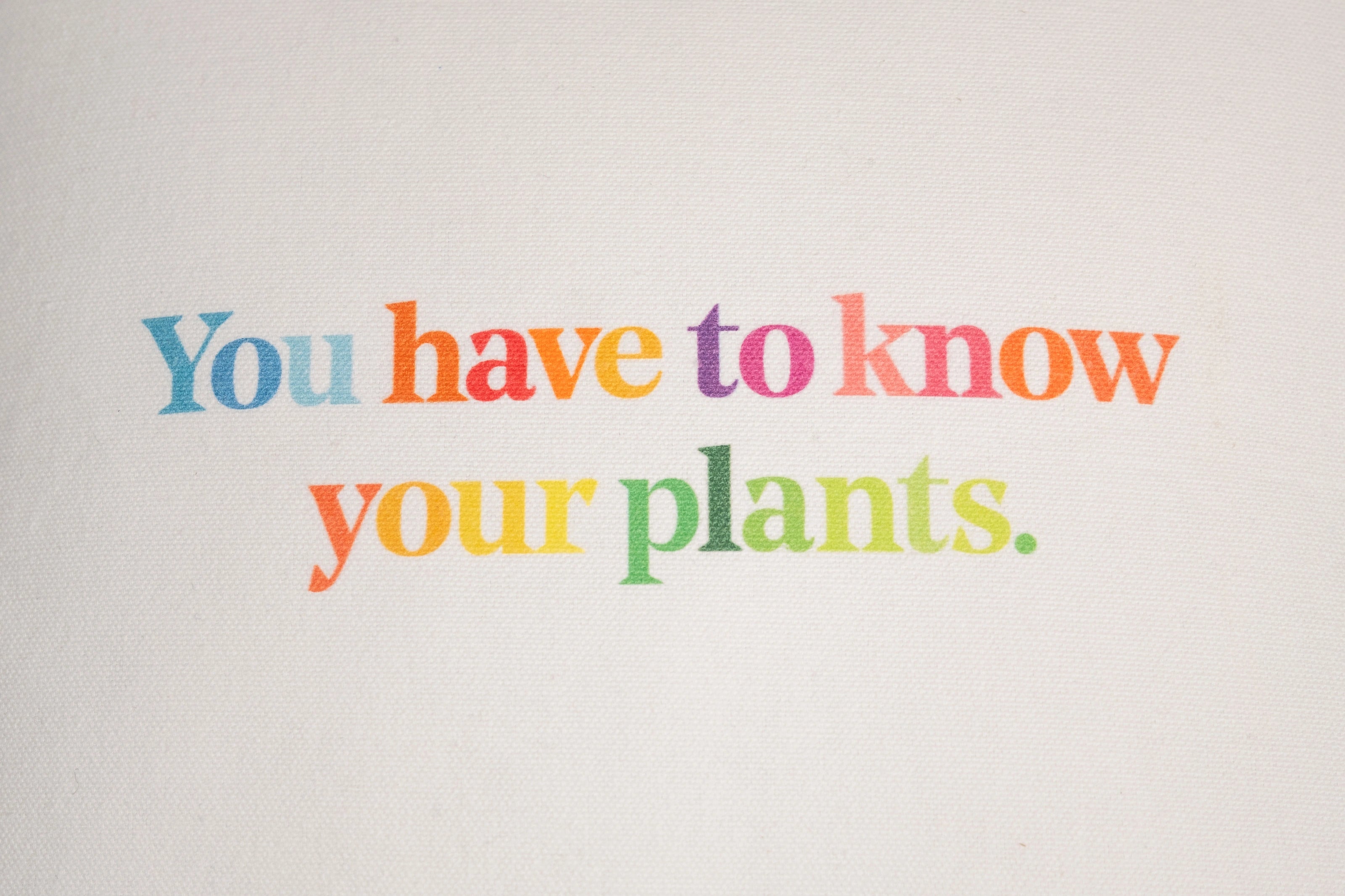 Closeup of the quote on the back of the pillow case which reads "You have to know your plants" in multicolor letters.
