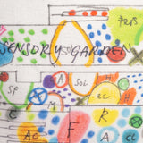 Closeup of Piet Oudolf illustration printed on the organic cotton pillow case. This section shows his plans for the Sensory Garden.
