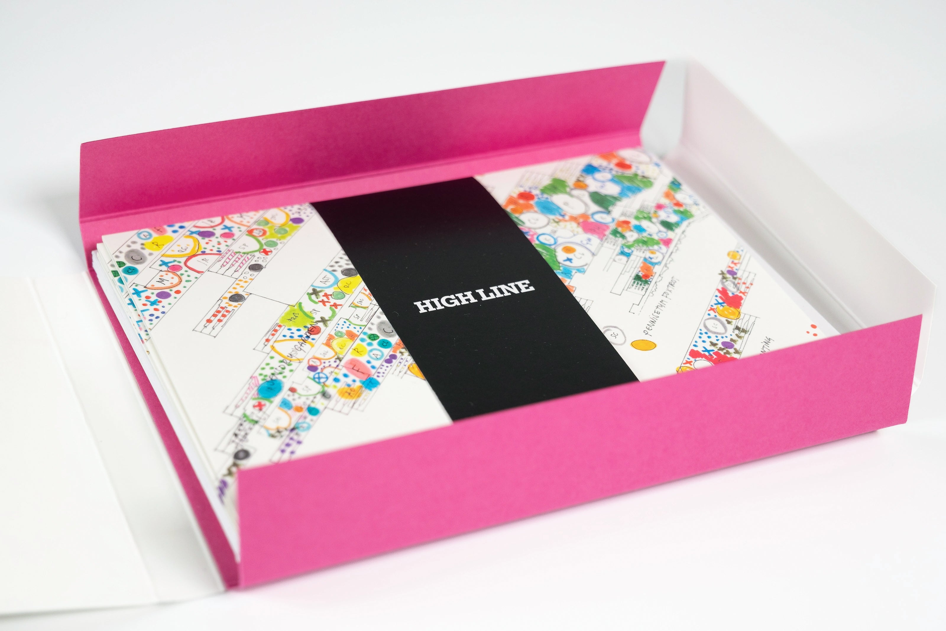 The open card box of the Piet Oudolf Notecard Set. The cards feature illustrated garden designs and are secured in a black band that reads "High Line"