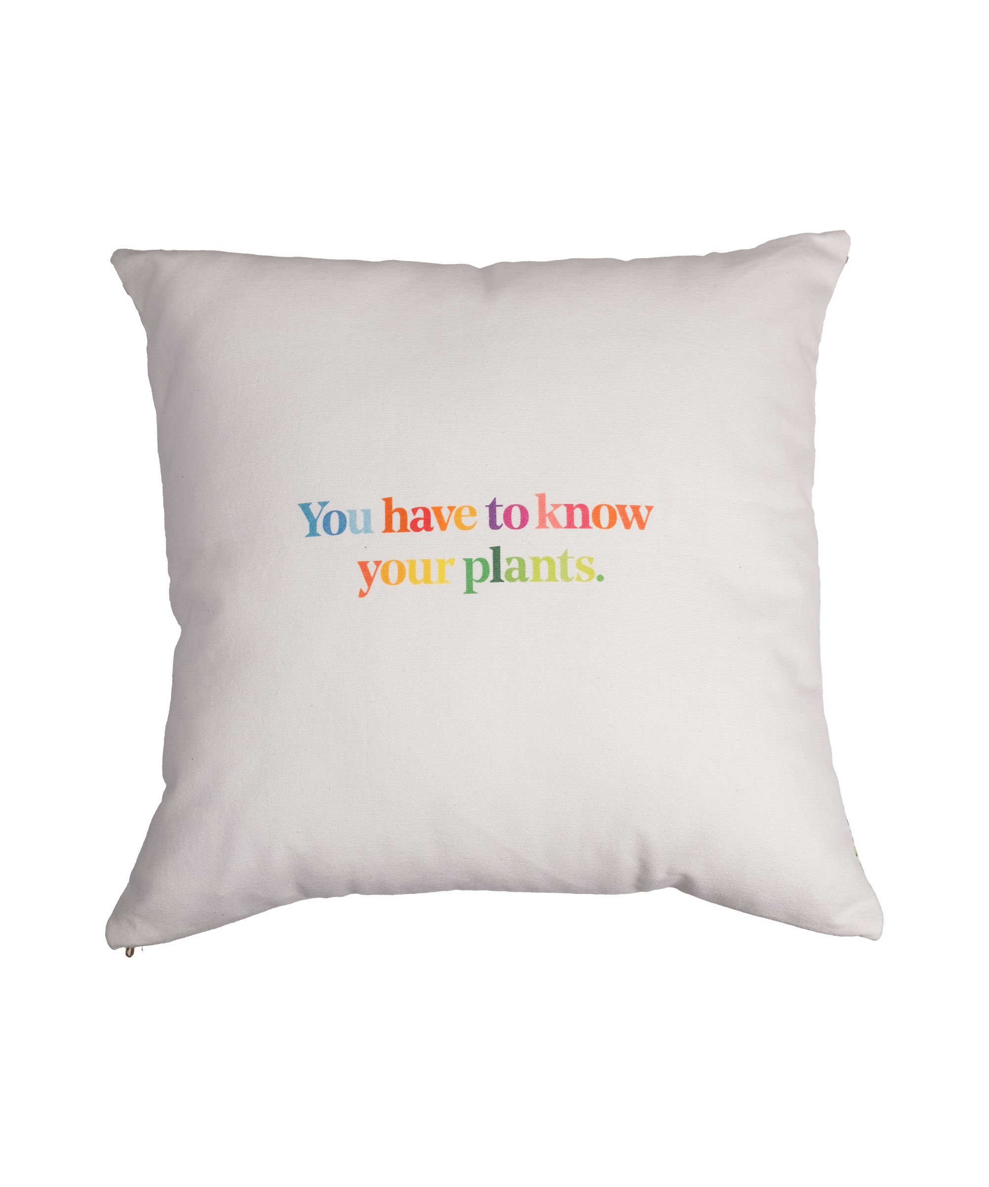 Back of Piet Oudolf Pillow Case shown on a pillow. The back features the quote "You have to know your plants" in multicolor letters.