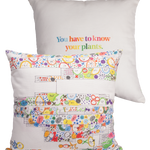 Front and back of Piet Oudolf Pillow Case shown on a pillow. The front features a composite of some of Piet Oudolf's illustrated garden plans for the High Line, and the back features the quote "You have to know your plants" in multicolor letters.