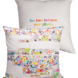 Front and back of Piet Oudolf Pillow Case shown on a pillow. The front features a composite of some of Piet Oudolf's illustrated garden plans for the High Line, and the back features the quote "You have to know your plants" in multicolor letters.